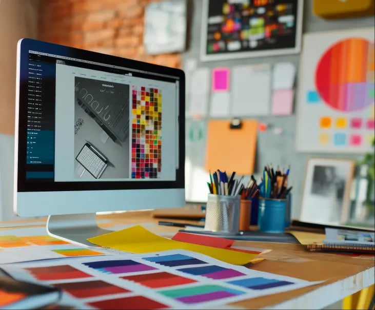Grafisch ontwerp werkplek Batteria.be - creatieve software en kleurenstalen